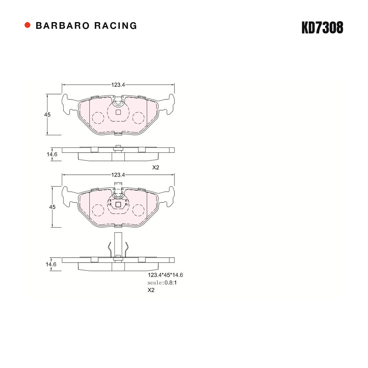 Barbaro Racing KD7308 brake pad shape drawing - 123.4 x 44.8 x 14.6 mm