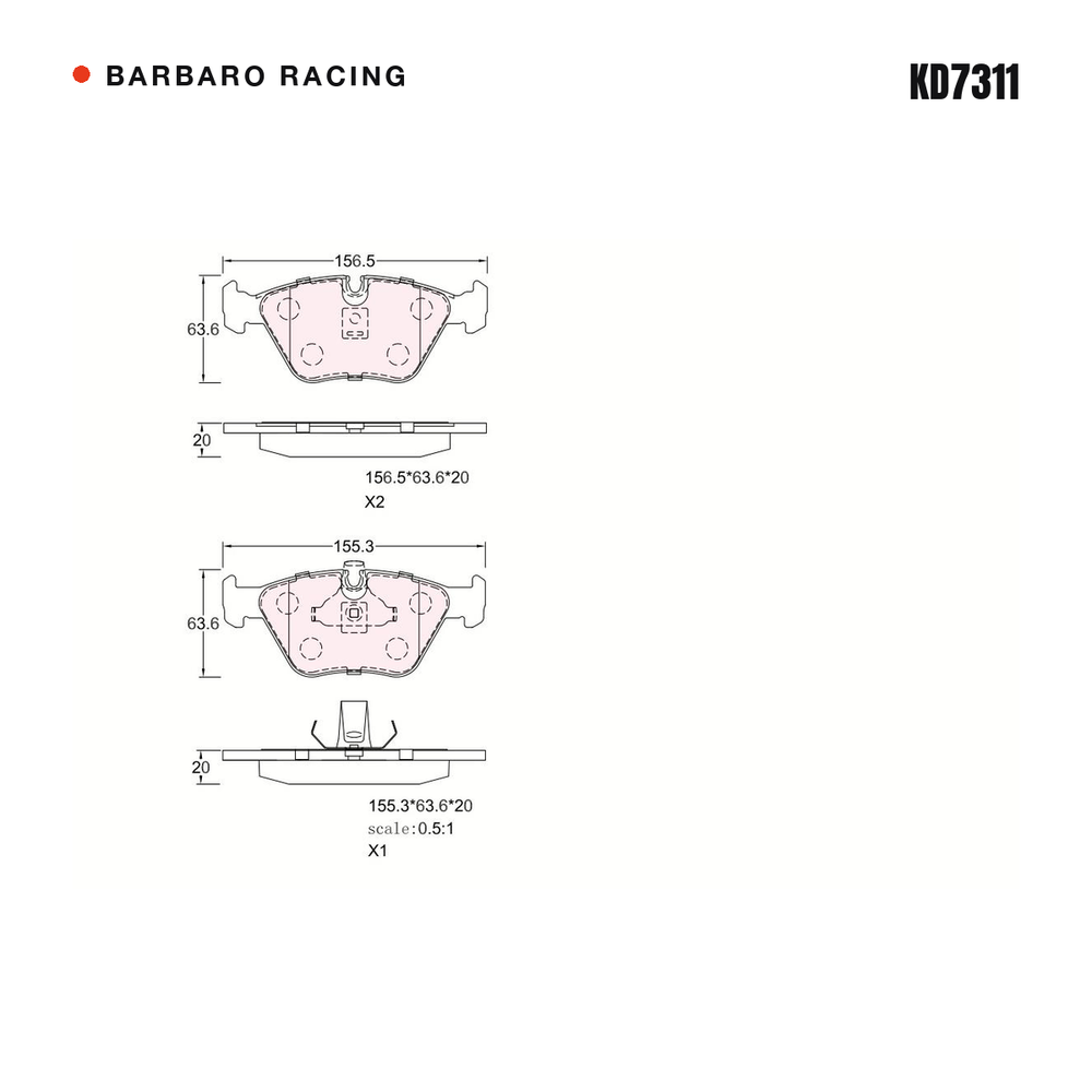 Barbaro Racing KD7311 brake pad shape drawing - 155.3 x 63.5 x 20 mm
