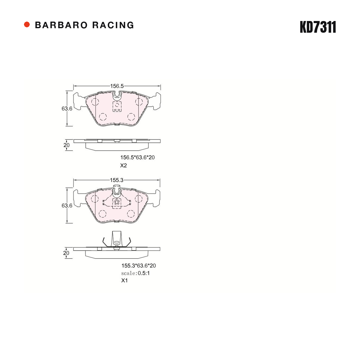 Barbaro Racing KD7311 brake pad shape drawing - 155.3 x 63.5 x 20 mm