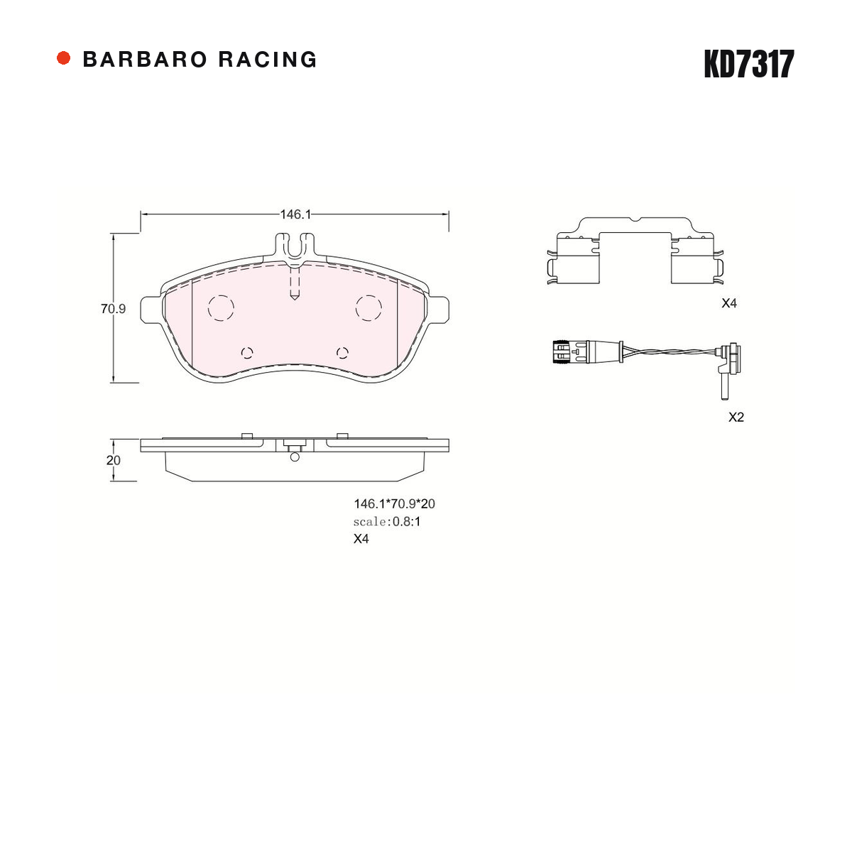 Barbaro Racing KD7317 brake pad shape drawing - 146.1 x 70.8 x 20 mm