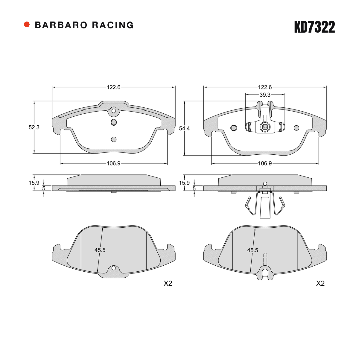 Barbaro Racing KD7322 brake pad shape drawing - 122.6 x 52.2 x 17.4 mm
