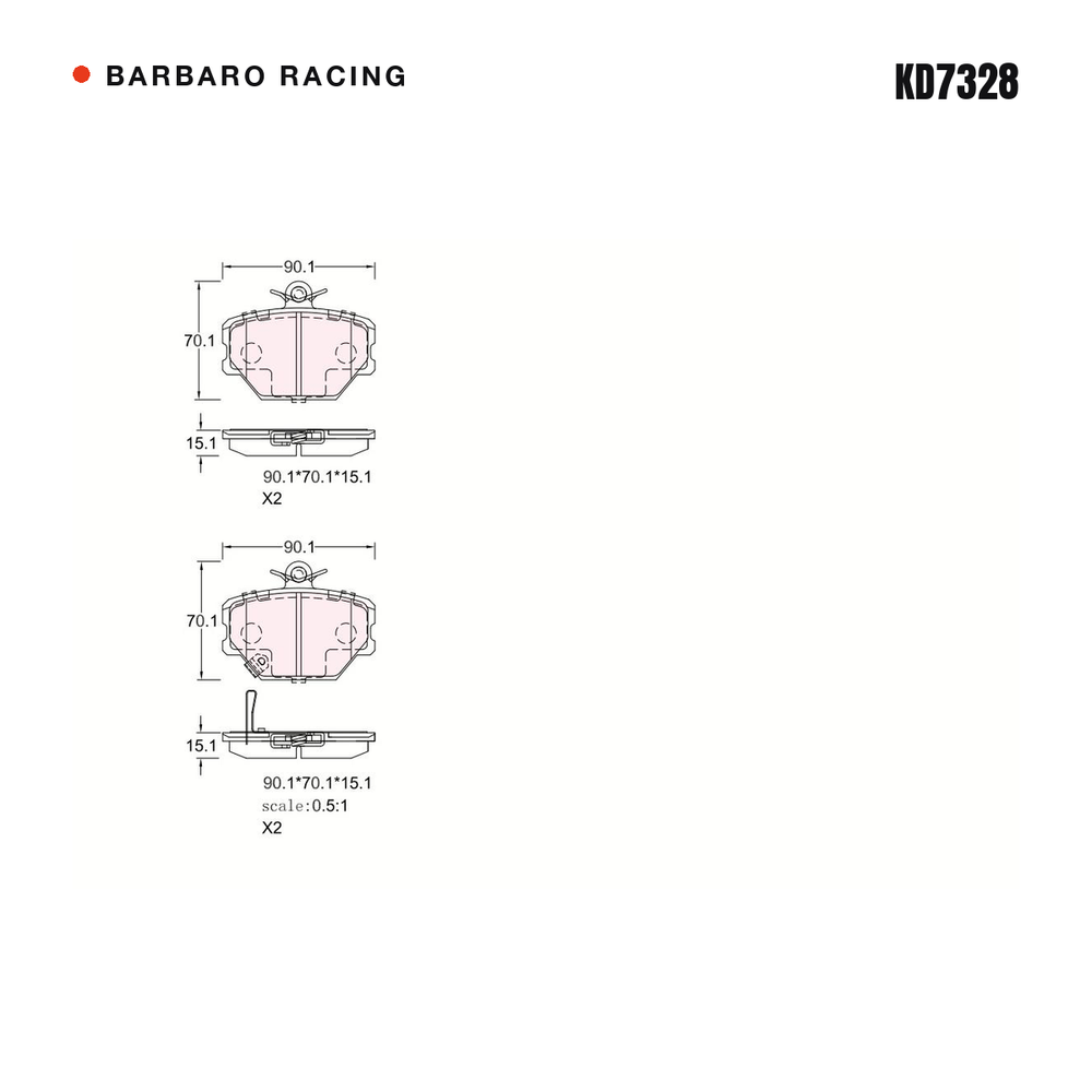 Barbaro Racing KD7328 brake pad shape drawing - 90.1 x 70.1 x 15.1 mm