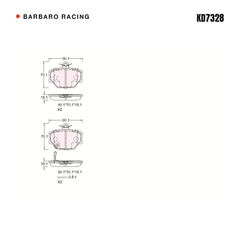 Barbaro Racing KD7328 brake pad shape drawing - 90.1 x 70.1 x 15.1 mm