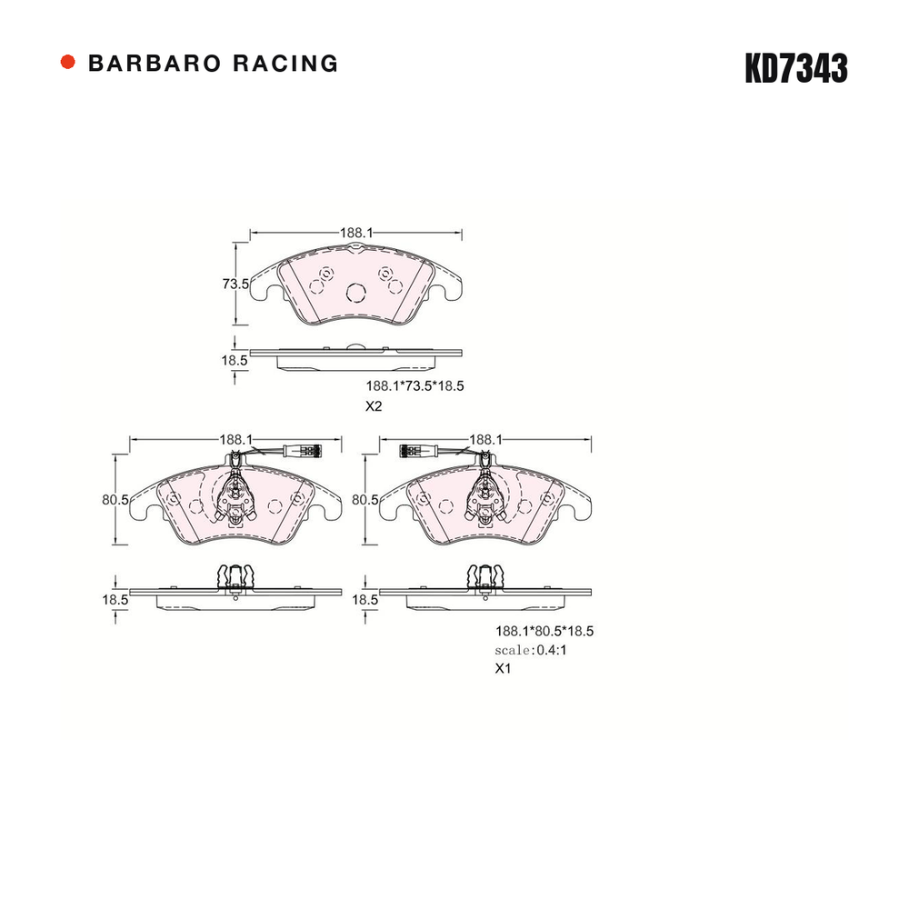 Barbaro Racing KD7343 brake pad shape drawing - 188.1 x 73.5 x 18.5 mm
