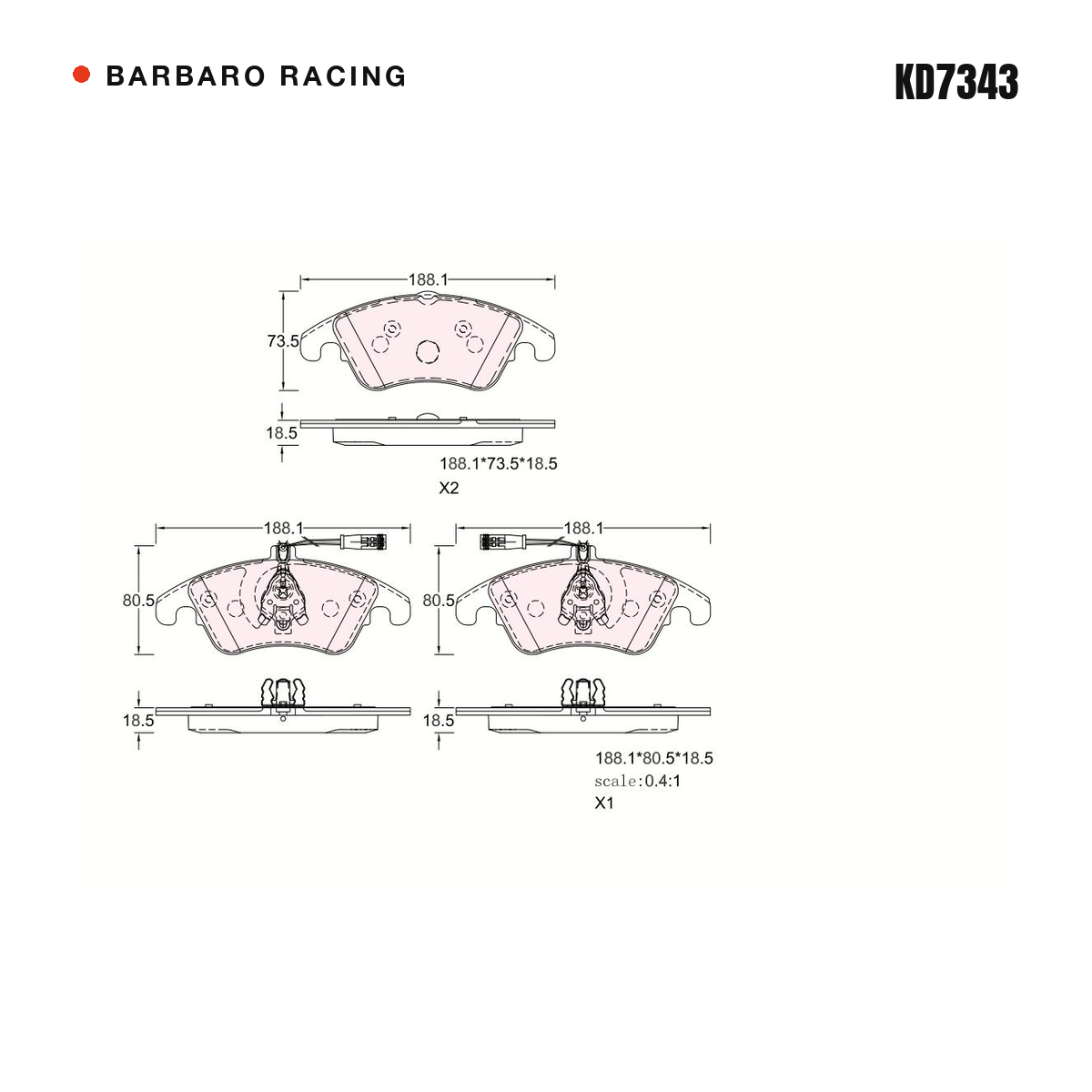 Barbaro Racing KD7343 brake pad shape drawing - 188.1 x 73.5 x 18.5 mm
