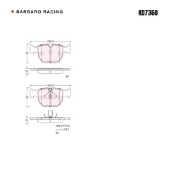 Barbaro Racing KD7360 brake pad shape drawing - 155.3 x 74 x 19 mm