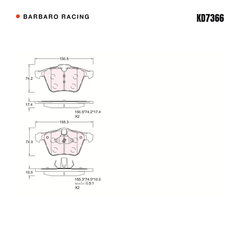 Barbaro Racing KD7366 brake pad shape drawing - 156.5 x 74.2 x 17.4 mm