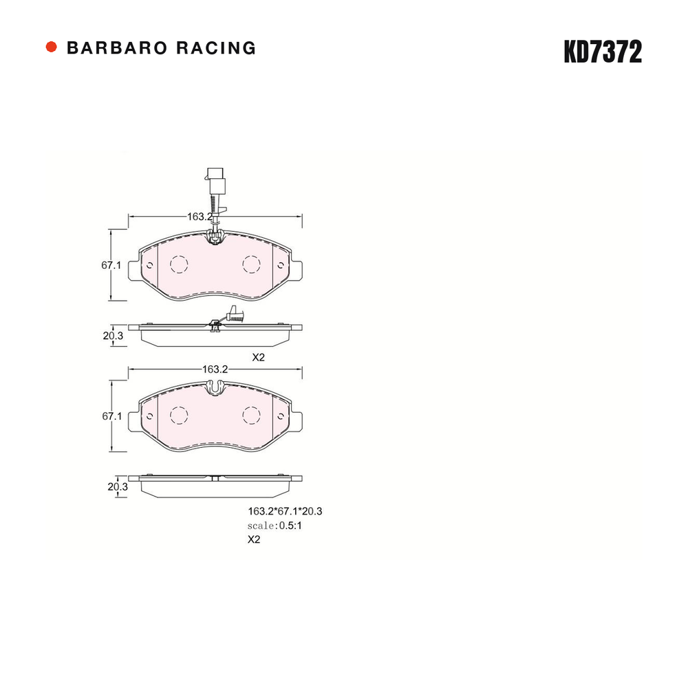 Barbaro Racing KD7372 brake pad shape drawing - 163.2 x 67.1 x 20.3 mm
