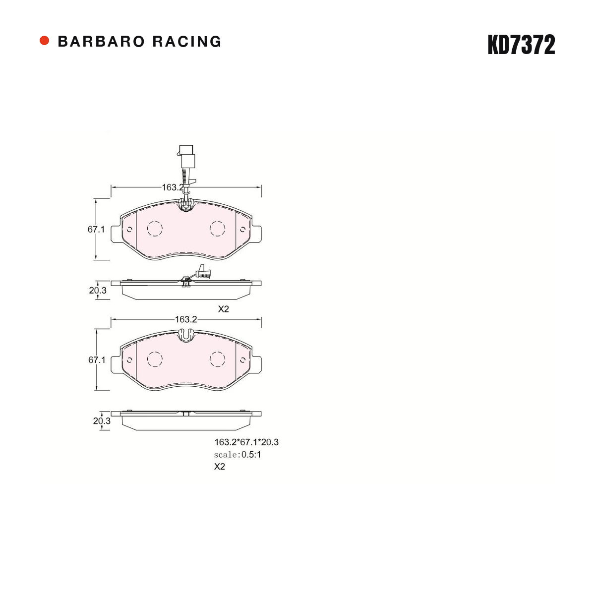 Barbaro Racing KD7372 brake pad shape drawing - 163.2 x 67.1 x 20.3 mm