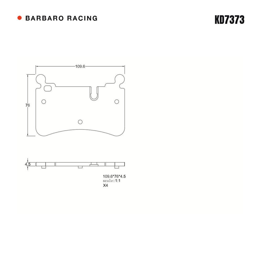 Barbaro Racing KD7373 brake pad shape drawing - 109.6 x 76 mm