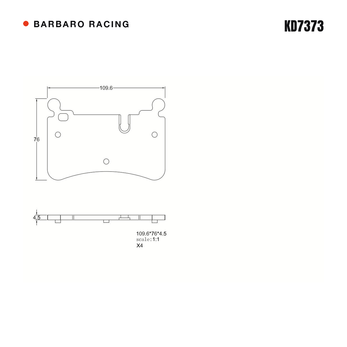 Barbaro Racing KD7373 brake pad shape drawing - 109.6 x 76 mm