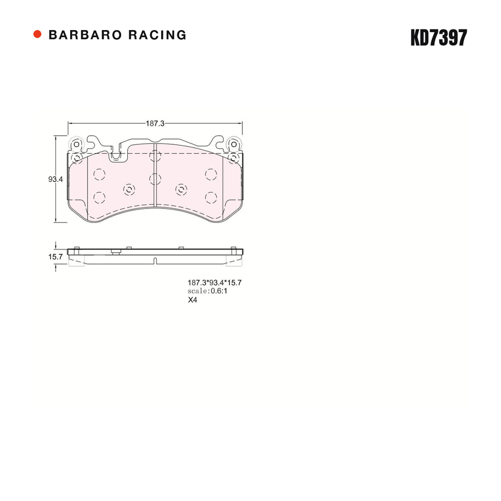 Barbaro Racing KD7397 brake pad shape drawing - 187.3 x 93.4 x 15.7 mm