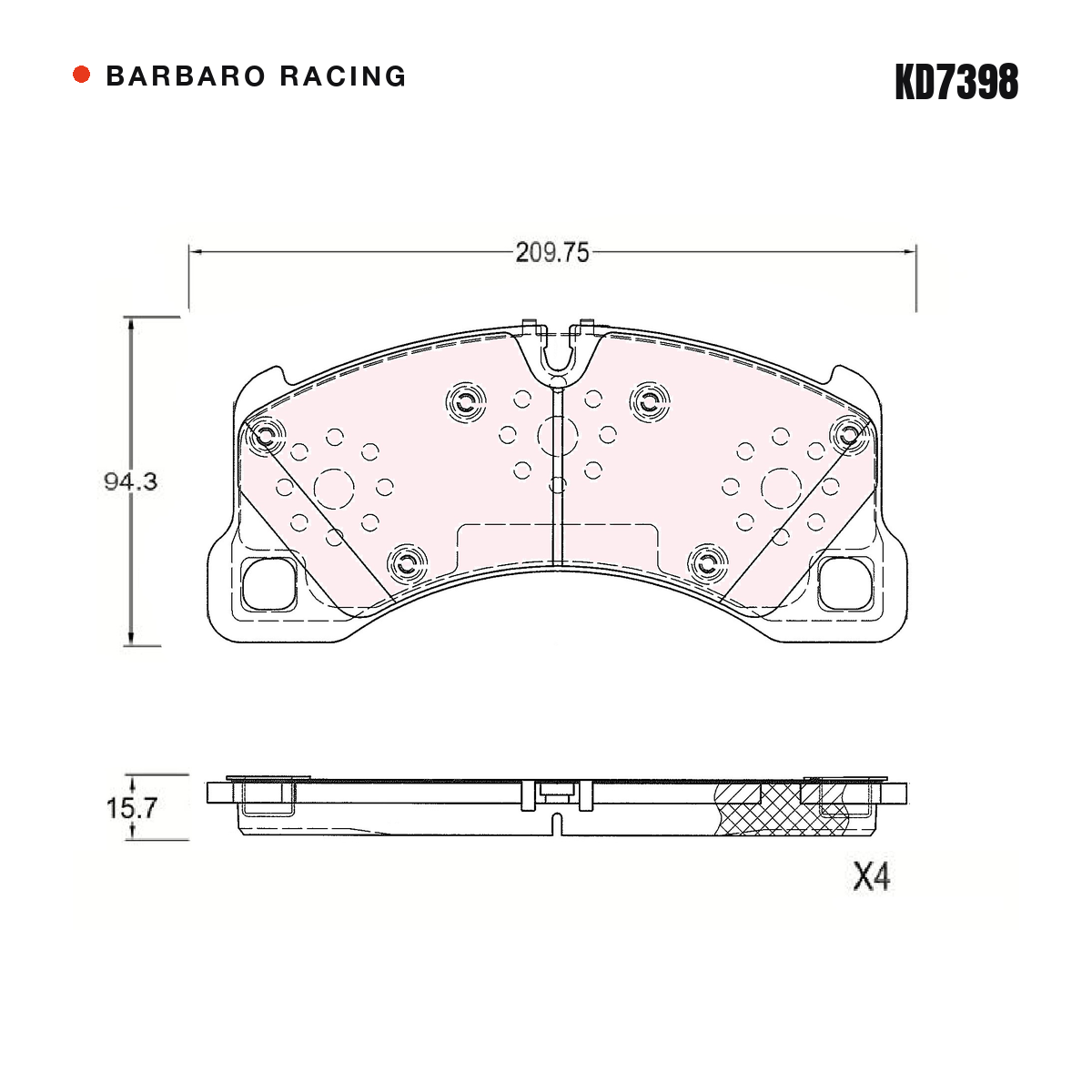 Barbaro Racing KD7398 brake pad shape drawing - 209.5 x 94.3 x 15.7 mm
