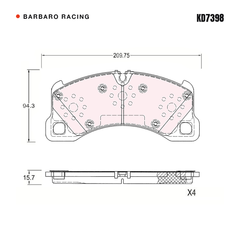 Barbaro Racing KD7398 brake pad shape drawing - 209.5 x 94.3 x 15.7 mm