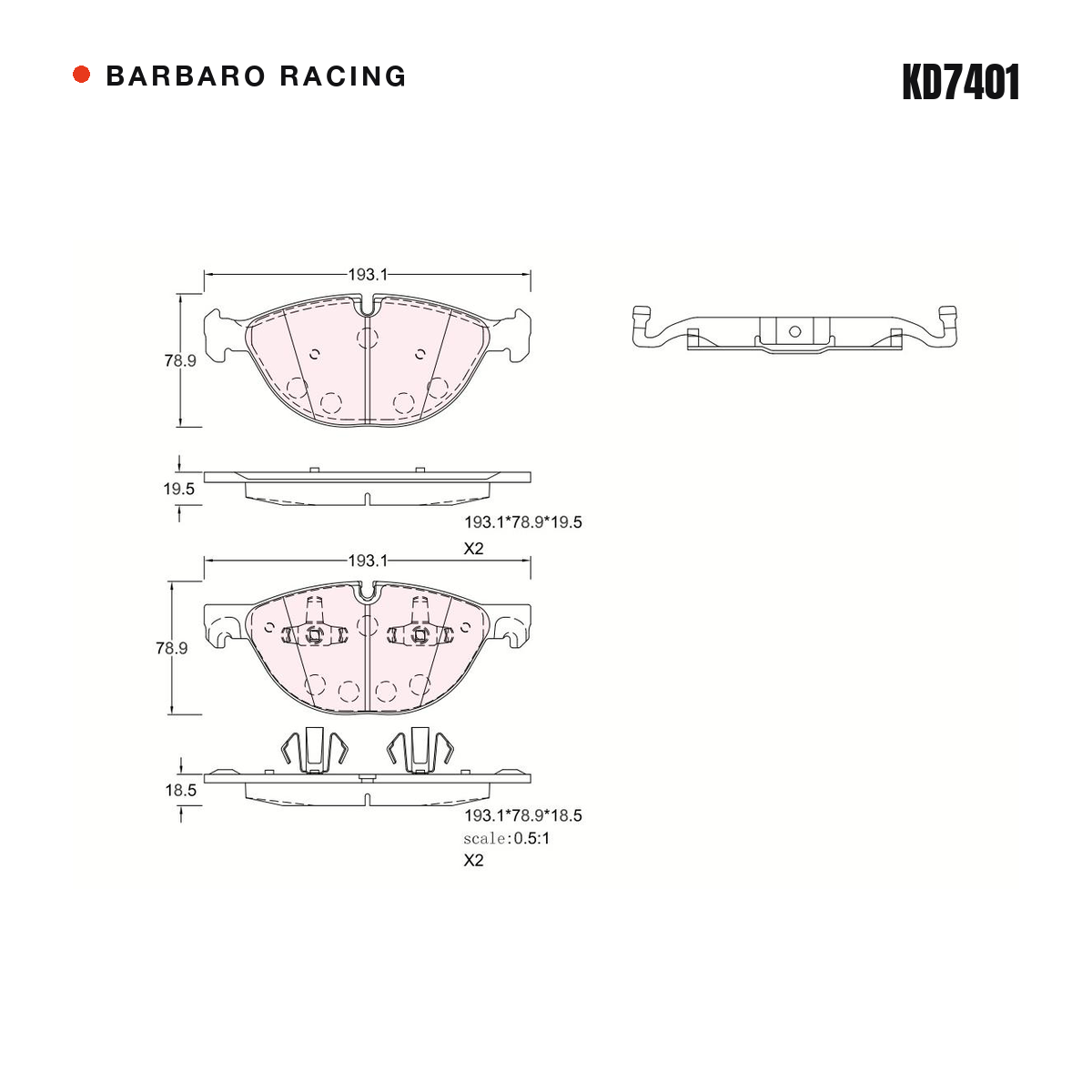 Barbaro Racing KD7401 brake pad shape drawing - 193.1 x 78.8 x 19.5 mm