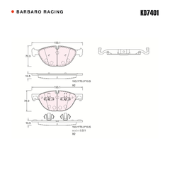 Barbaro Racing KD7401 brake pad shape drawing - 193.1 x 78.8 x 19.5 mm