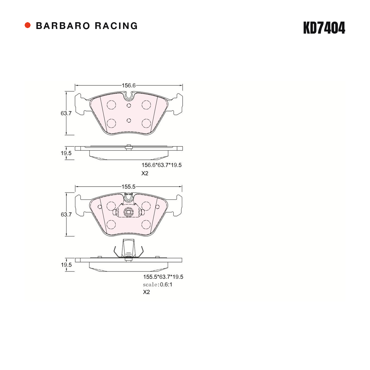 Barbaro Racing KD7404 brake pad shape drawing - 155.5 x 63.5 x 19.5 mm