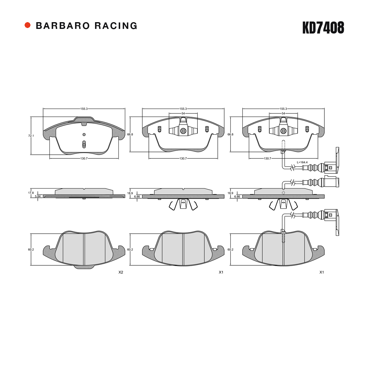 Barbaro Racing KD7408 brake pad shape drawing - 155.3 x 72.1 x 19 mm