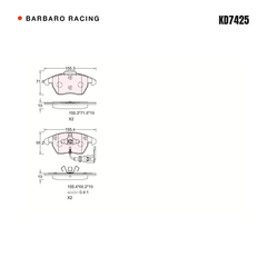 Barbaro Racing KD7425 brake pad shape drawing - 155.4 x 71.7 x 19 mm