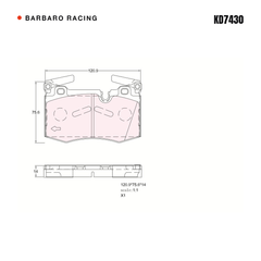 Barbaro Racing KD7430 brake pad shape drawing - 120.9 x 75.6 x 14 mm