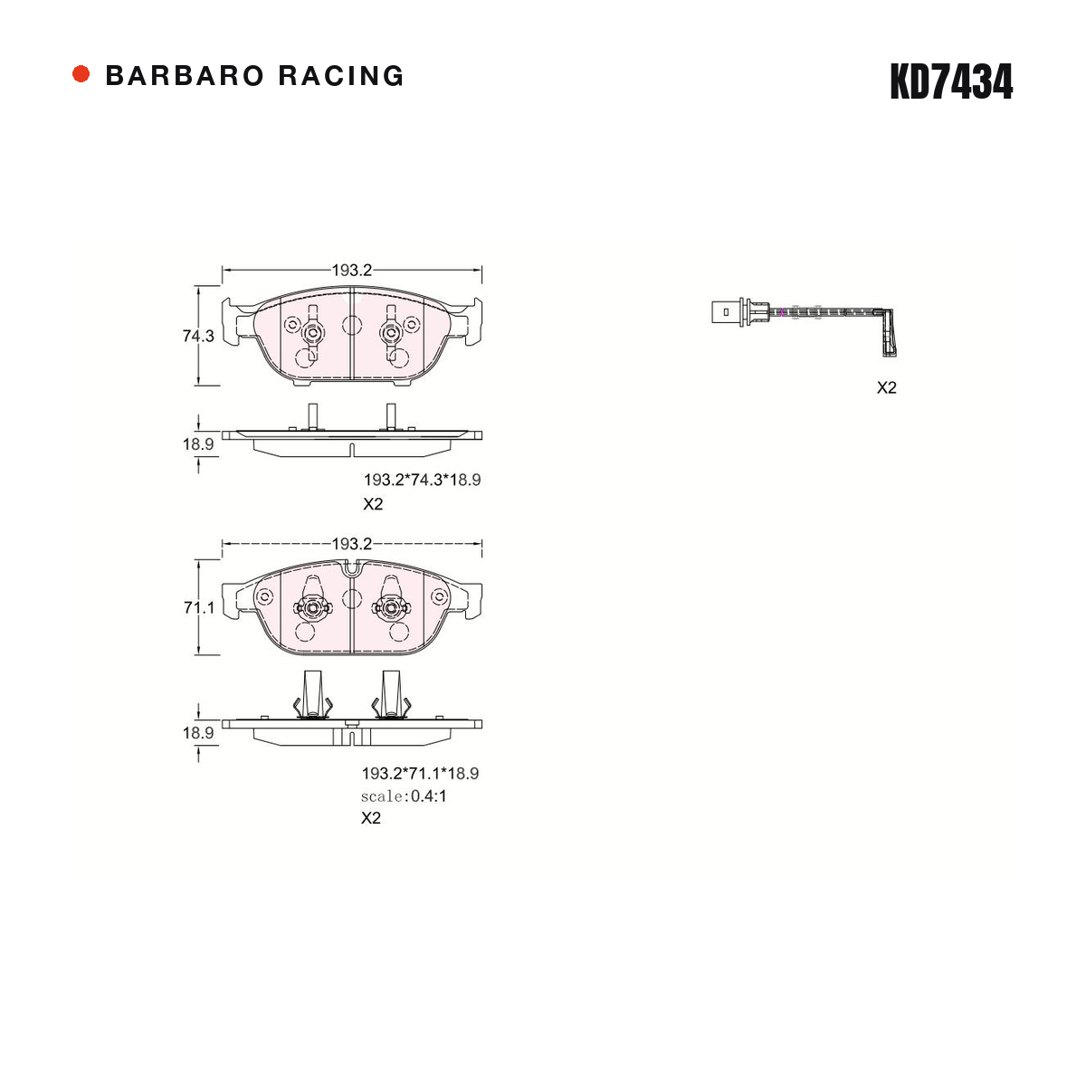 Barbaro Racing KD7434 brake pad shape drawing - 193.2 x 74.3 x 18.9 mm