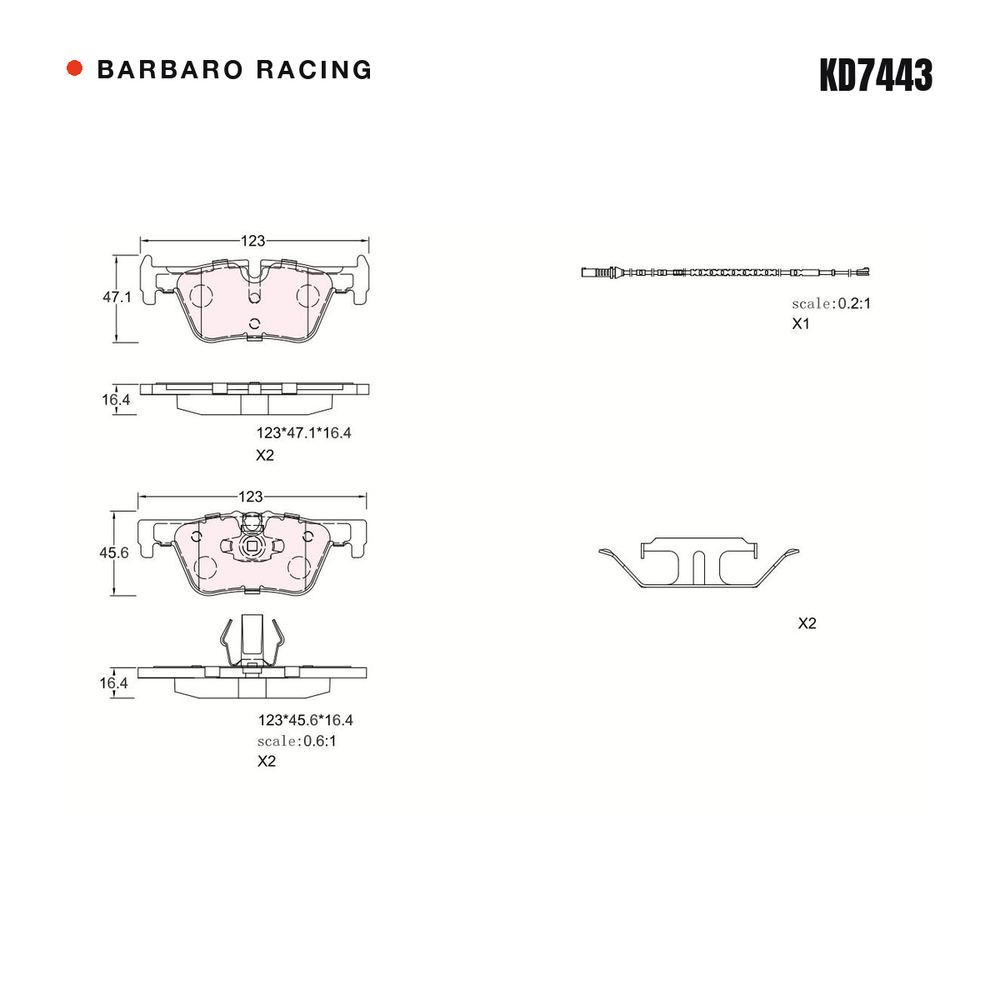 Barbaro Racing KD7443 brake pad shape drawing - 123 x 46.9 x 16.4 mm