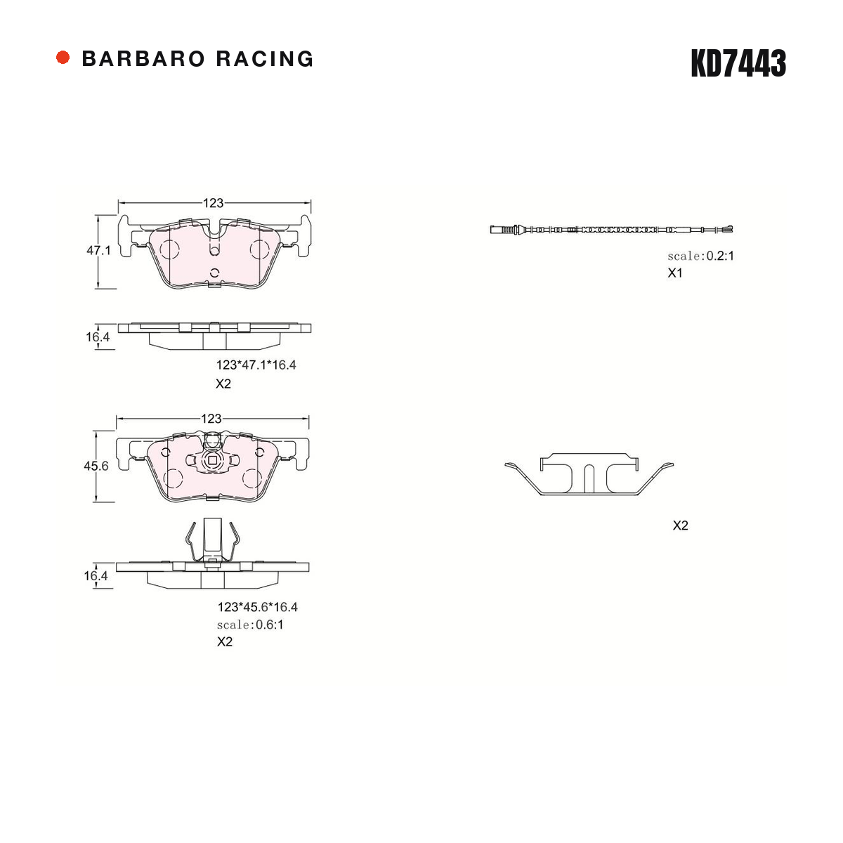 Barbaro Racing KD7443 brake pad shape drawing - 123 x 46.9 x 16.4 mm