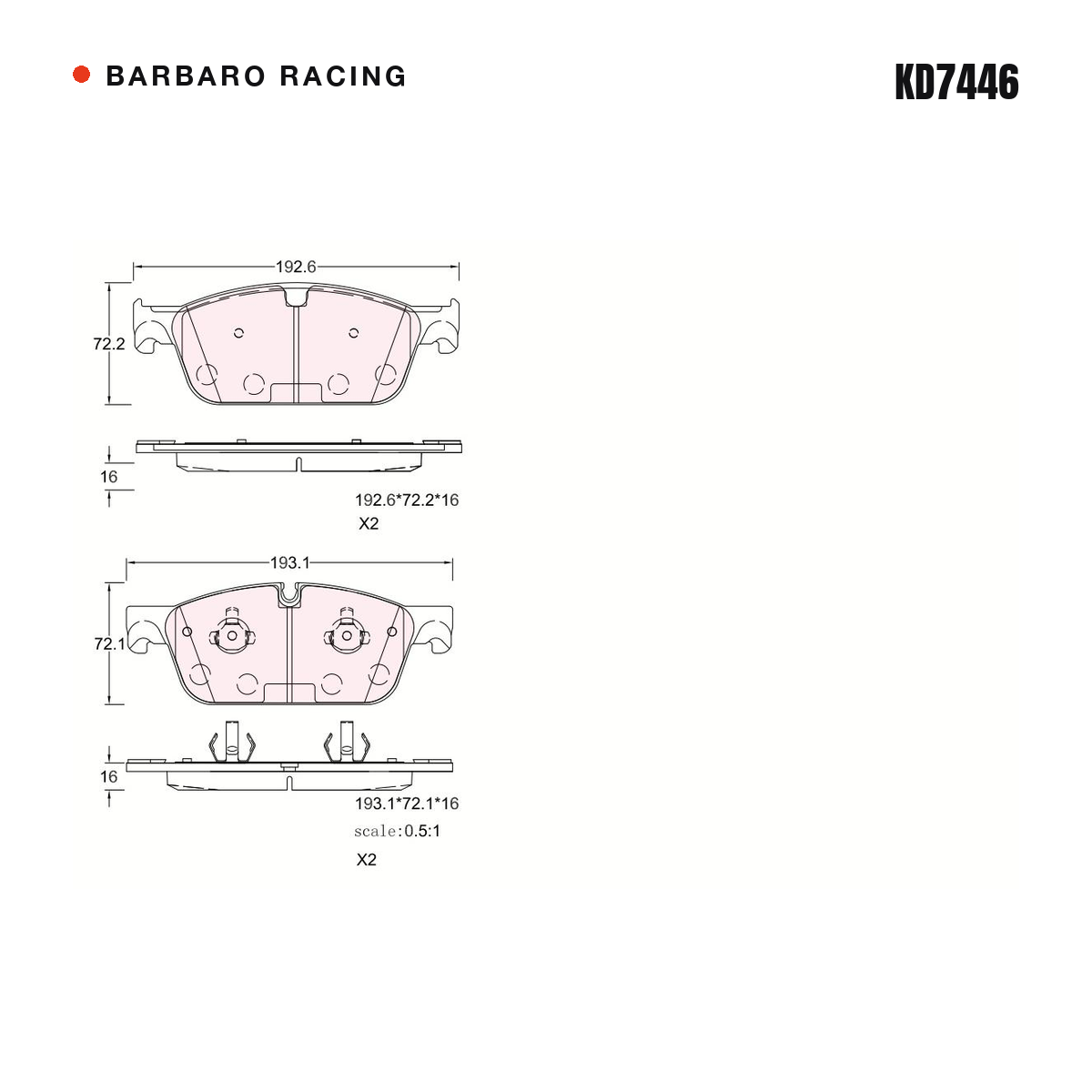 Barbaro Racing KD7446 brake pad shape drawing - 192.6 x 72.2 x 16 mm