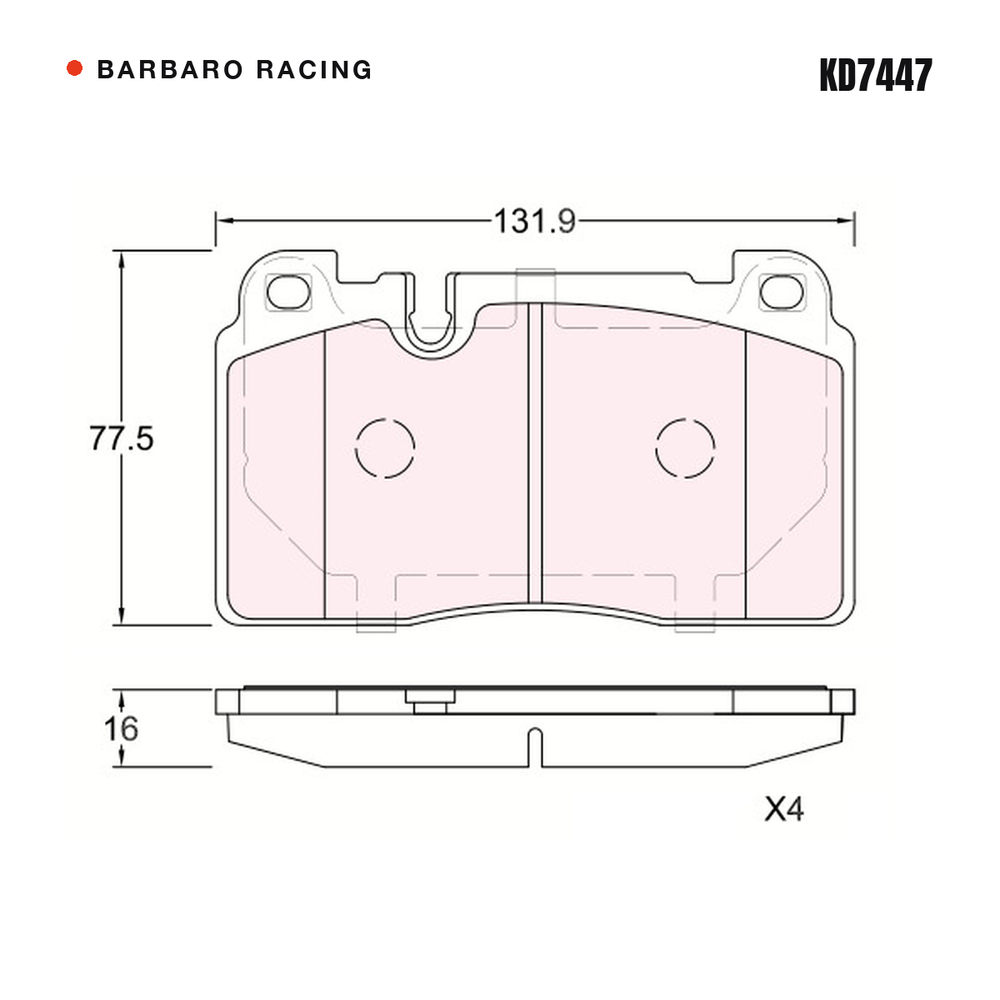 Barbaro Racing KD7447 brake pad shape drawing - 131.9 x 77.5 x 16 mm