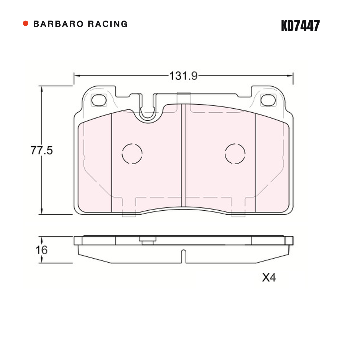 Barbaro Racing KD7447 brake pad shape drawing - 131.9 x 77.5 x 16 mm