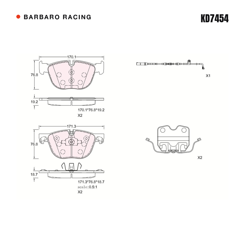 Barbaro Racing KD7454 brake pad shape drawing - 170.1 x 76.8 x 19.2 mm