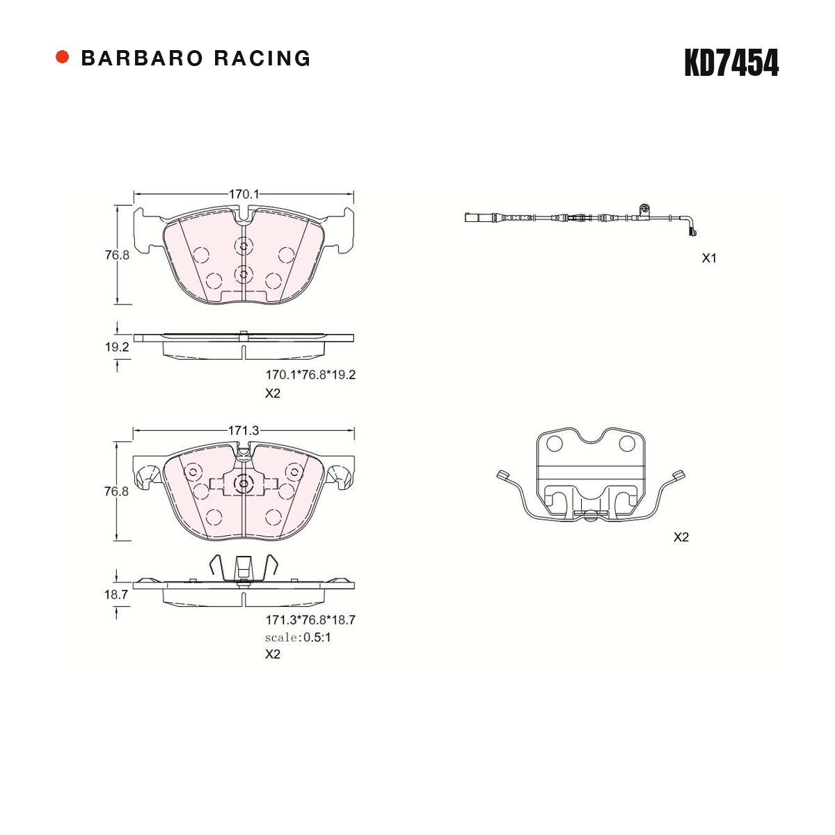 Barbaro Racing KD7454 brake pad shape drawing - 170.1 x 76.8 x 19.2 mm