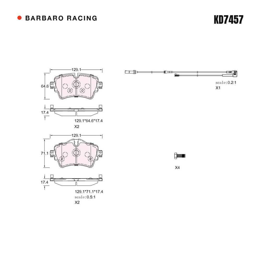 Barbaro Racing KD7457 brake pad shape drawing - 129.1 x 71.1 x 17.4 mm