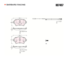 Barbaro Racing KD7457 brake pad shape drawing - 129.1 x 71.1 x 17.4 mm