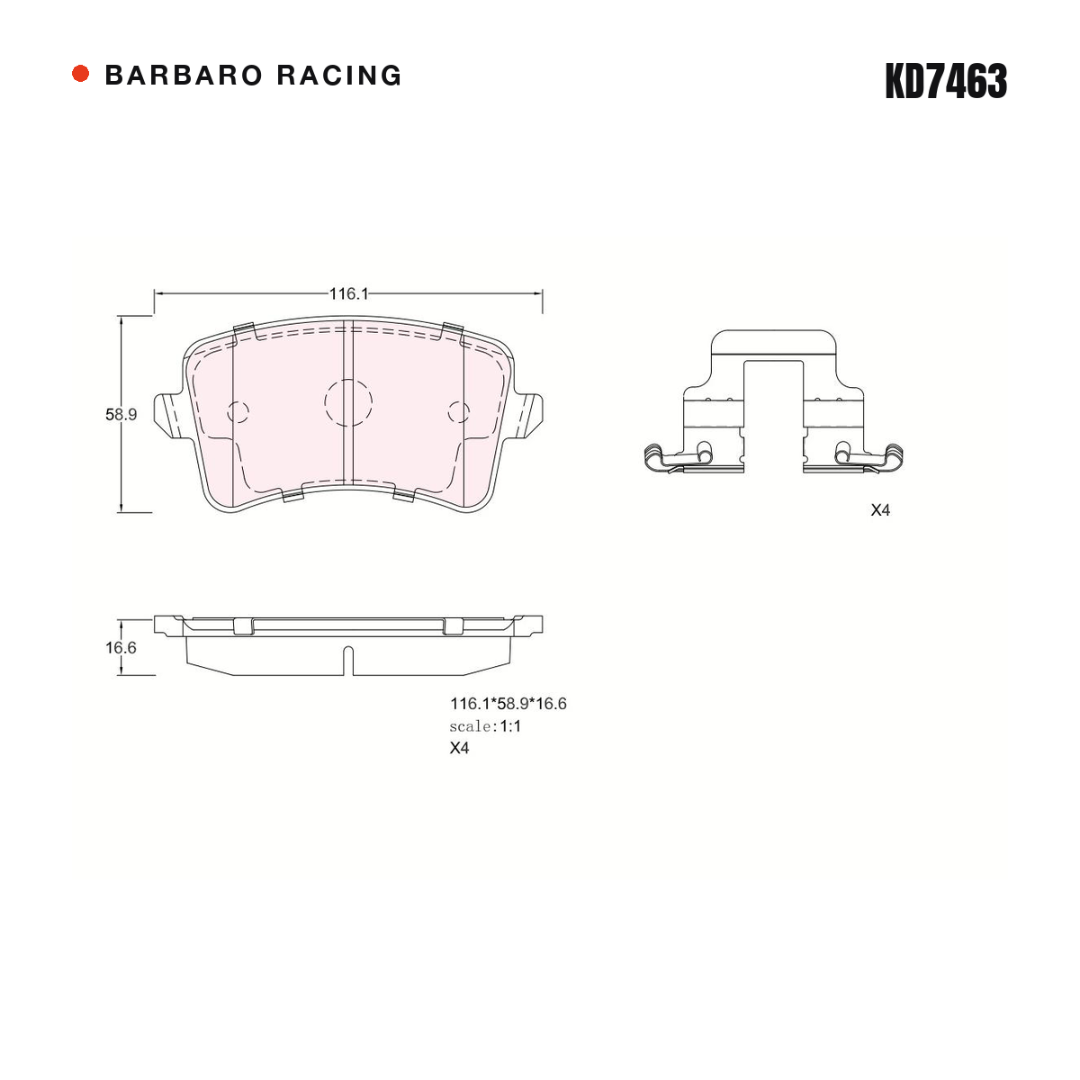 Barbaro Racing KD7463 brake pad shape drawing - 116.1 x 58.9 x 16.6 mm