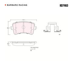 Barbaro Racing KD7463 brake pad shape drawing - 116.1 x 58.9 x 16.6 mm