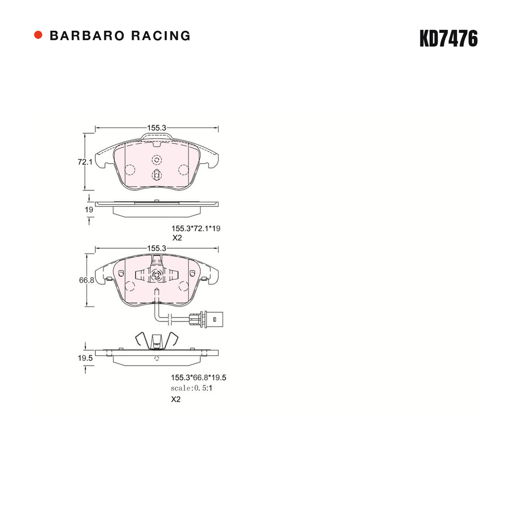 Barbaro Racing KD7476 brake pad shape drawing - 155.3 x 66.8 x 19.5 mm
