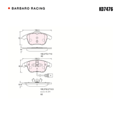 Barbaro Racing KD7476 brake pad shape drawing - 155.3 x 66.8 x 19.5 mm