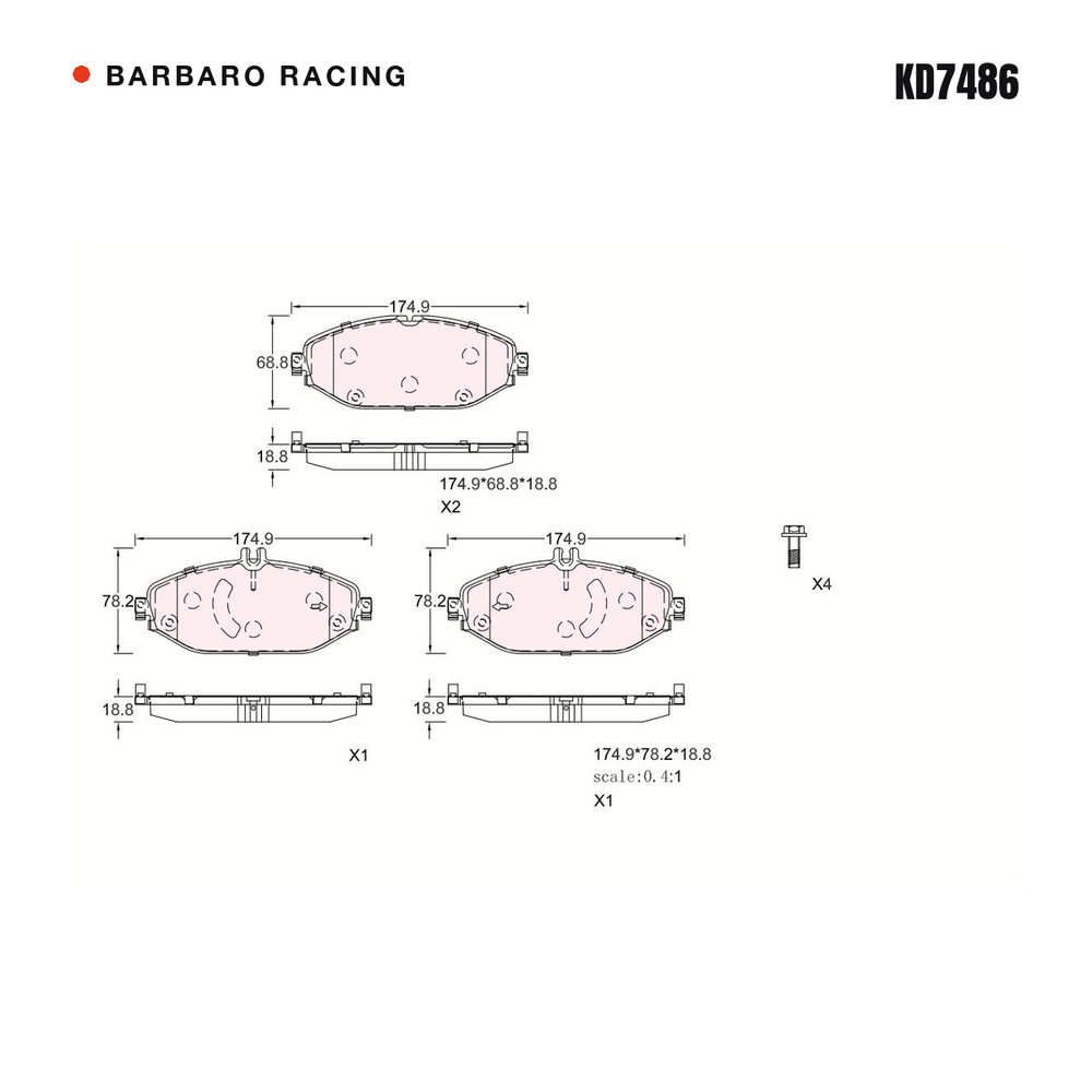 Barbaro Racing KD7486 brake pad shape drawing - 174.9 x 68.8 x 18.8 mm