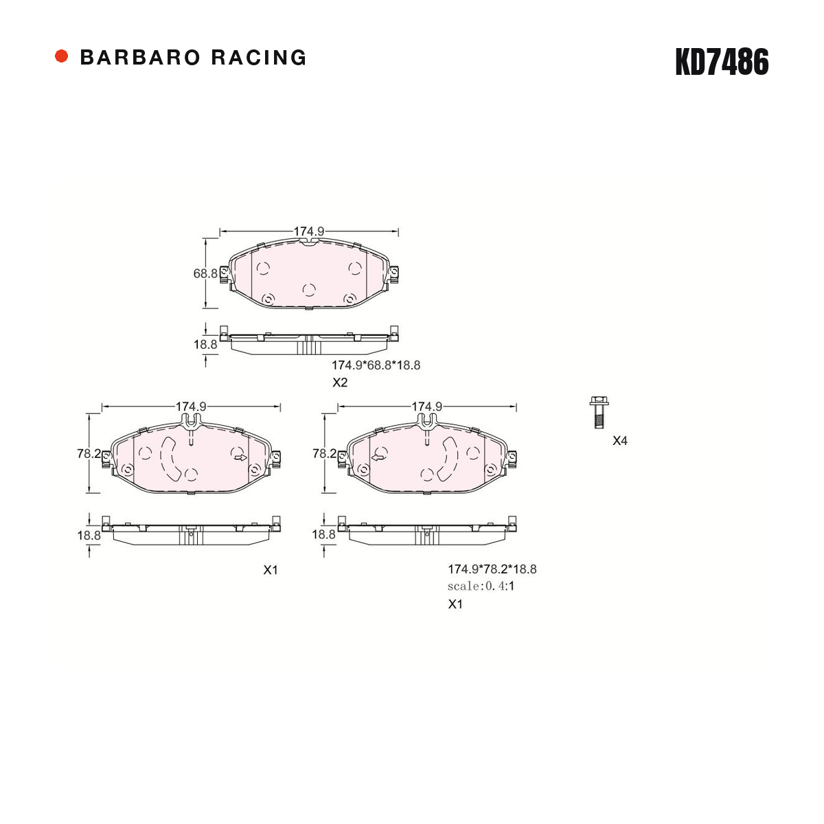 Barbaro Racing KD7486 brake pad shape drawing - 174.9 x 68.8 x 18.8 mm