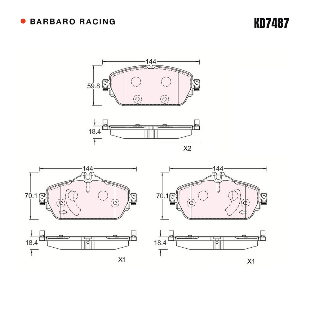 Barbaro Racing KD7487 brake pad shape drawing - 144 x 59.8 x 18.4 mm
