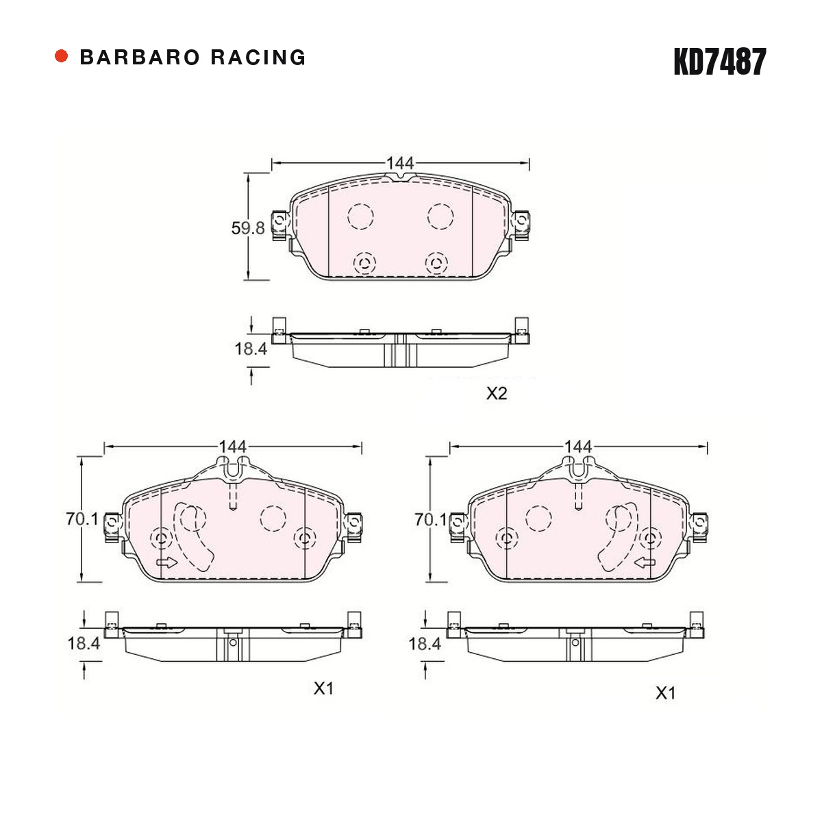 Barbaro Racing KD7487 brake pad shape drawing - 144 x 59.8 x 18.4 mm