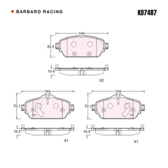 Barbaro Racing KD7487 brake pad shape drawing - 144 x 59.8 x 18.4 mm
