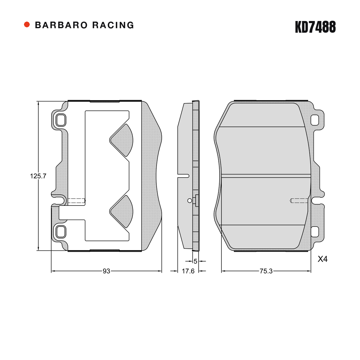 Barbaro Racing KD7488 brake pad shape drawing - 125.7 x 92.7 x 17.6 mm