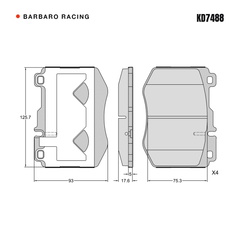 Barbaro Racing KD7488 brake pad shape drawing - 125.7 x 92.7 x 17.6 mm