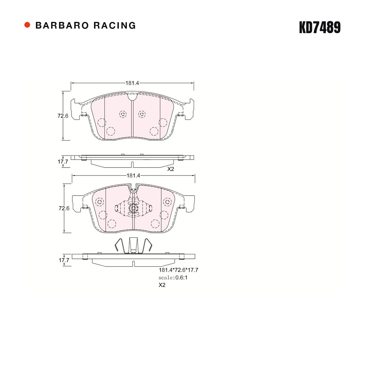 Barbaro Racing KD7489 brake pad shape drawing - 181.3 x 72.5 x 17.7 mm