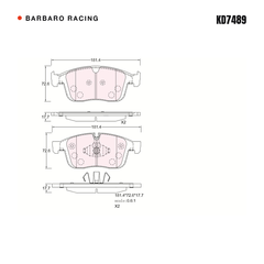 Barbaro Racing KD7489 brake pad shape drawing - 181.3 x 72.5 x 17.7 mm