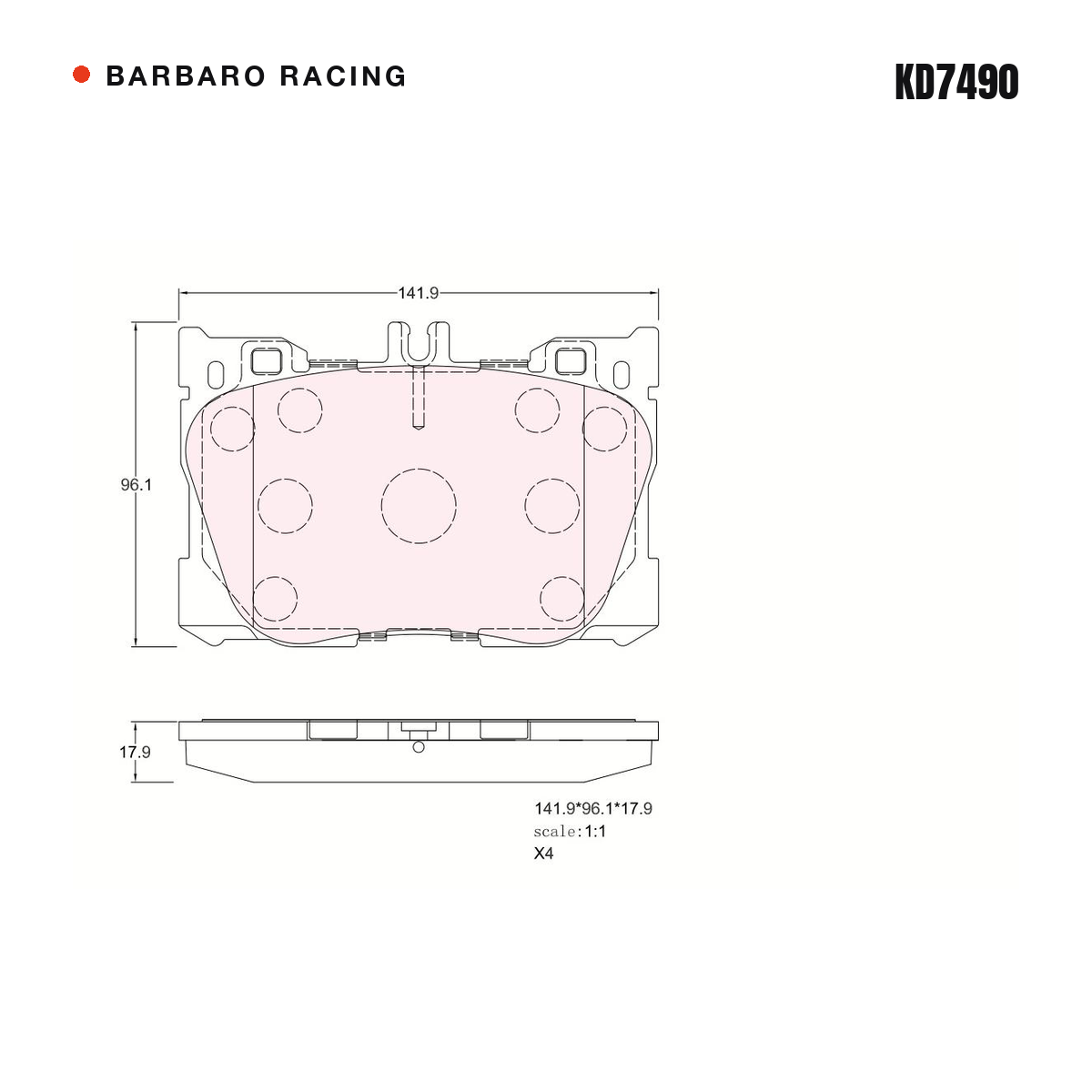 Barbaro Racing KD7490 brake pad shape drawing - 141.9 x 96.1 x 17.9 mm