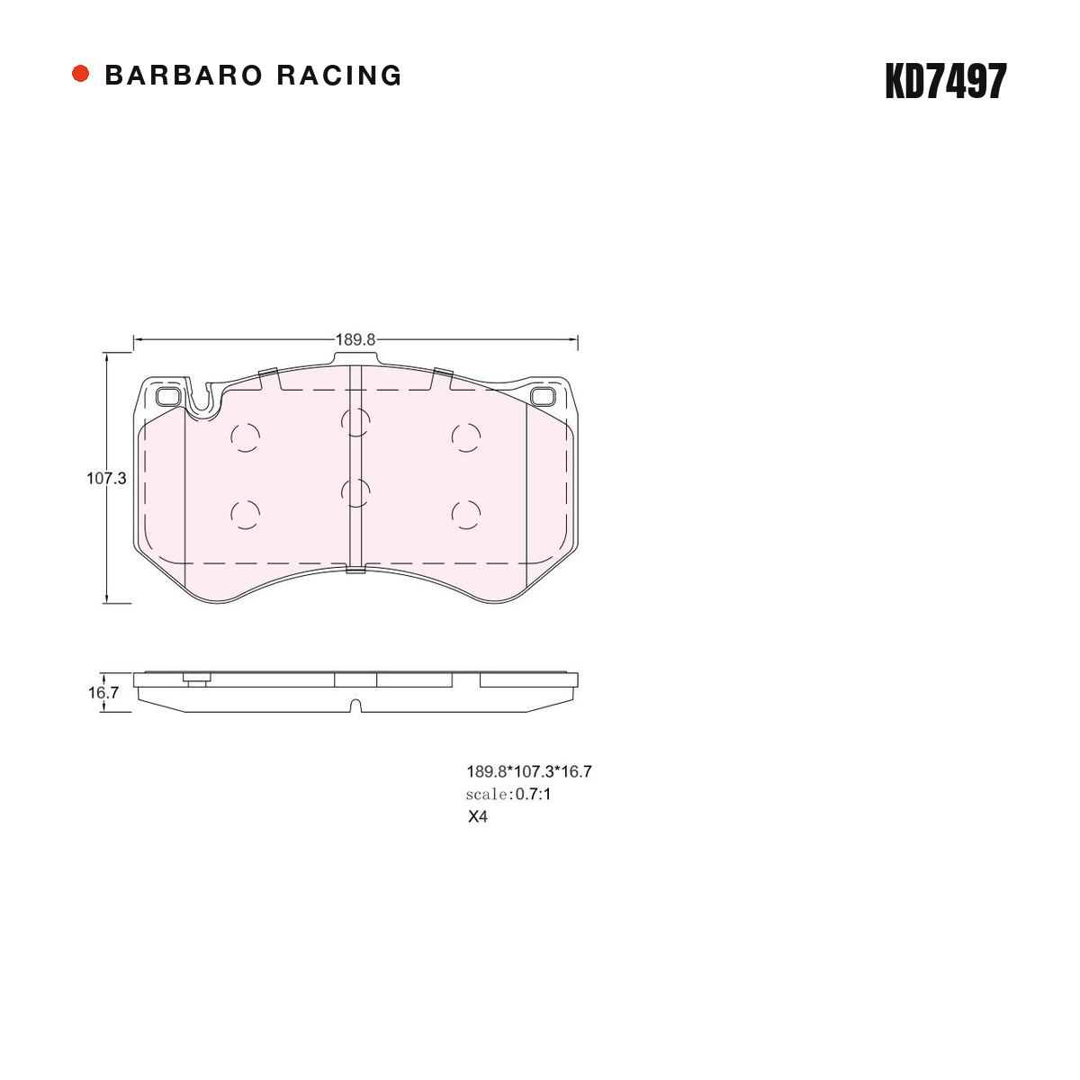Barbaro Racing KD7497 brake pad shape drawing - 189.7 x 107.2 x 16.7 mm