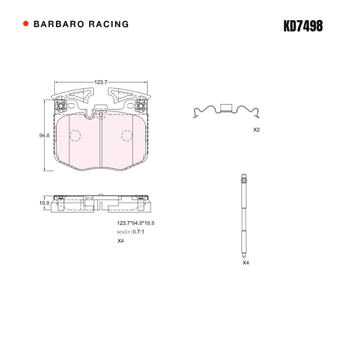 Barbaro Racing KD7498 brake pad shape drawing - 123.7 x 94.8 x 18.8 mm